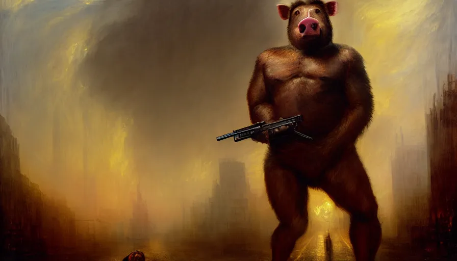 Image similar to highly detailed painting of a humanoid half bear half man pig creature in a nypd uniform, shotgun in hand, streets of nyc, by william turner, by greg rutkowski, by william constable, thick brush strokes and visible paint layers, 4 k resolution