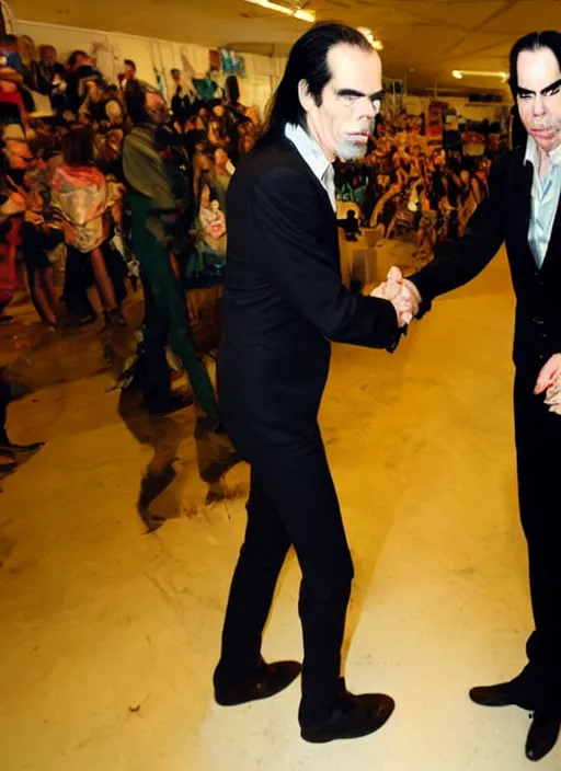 Image similar to Nick cave shaking hands with the devil