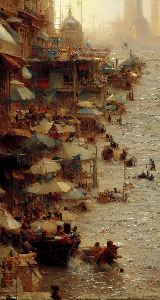 Prompt: the sea flooding the entire city of modern ahwaz. you can see the water entering buildings highly detailed painting by gaston bussiere, craig mullins, j. c. leyendecker