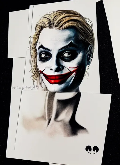 Image similar to tattoo design of beautiful margot robbie slightly smiling with joker makeup on the mouth and holding ace card, in the style of den yakovlev, realistic face, black and white, realism tattoo, hyper realistic, highly detailed