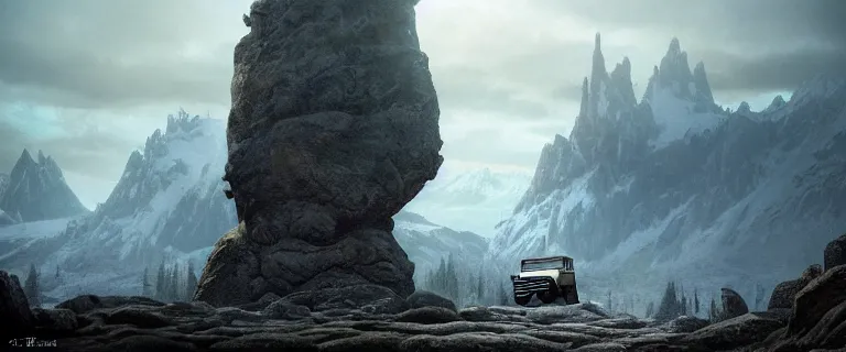 Image similar to Land Rover Defender 110 (1985), an epic fantasy, dramatic lighting, cinematic, establishing shot, extremely high detail, photorealistic, cinematic lighting, artstation, by simon stalenhag, The Elder Scrolls V: Skyrim, Nice view of the Shrine of Azura, giant statue of Azura, snow, mountains