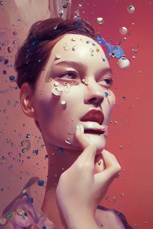 Image similar to 3 d, close - up, happy fashion model, plastic, tears, poster art, intricate oil painting, high detail, figurative art, multiple exposure, poster art, 3 d, by stanley kubrick and tooth wu and wlop and beeple