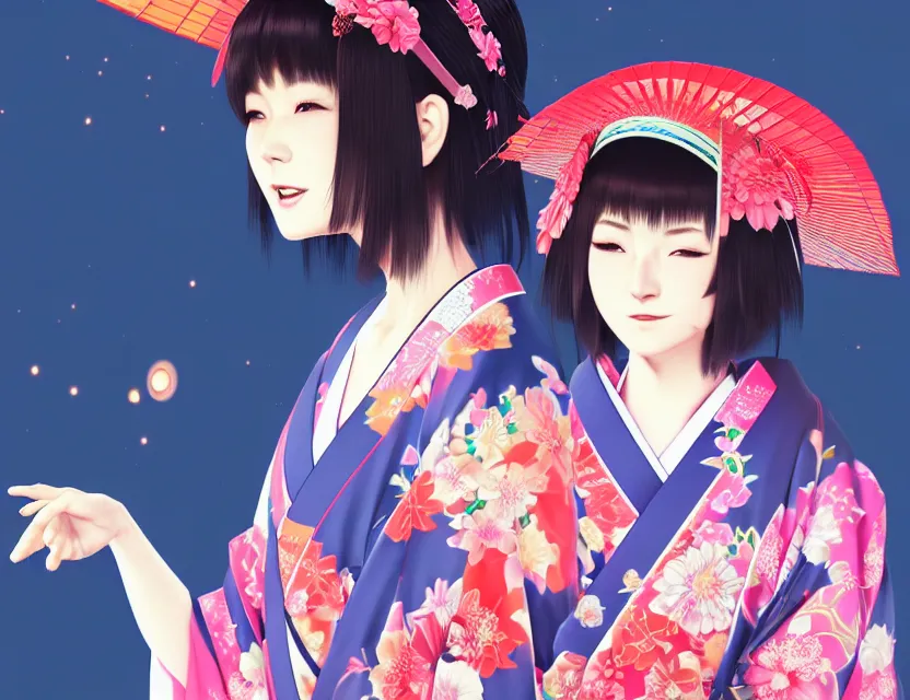 Image similar to two beautiful charming japan female superstar wear arty kimono in festival | | sunny night, festival,, realistic shaded, smile, good looking, hyper details, 4 k realistic, cryengine, realistic shaded lighting poster by ilya kuvshinov, fuji choko, ross tran, 8 k resolution, trending on artstation, luxury