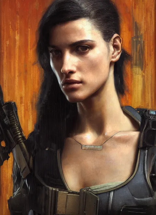 Image similar to athena. beautiful cyberpunk female USN marine wearing a military vest and military jumpsuit (cyberpunk 2077, bladerunner 2049). gorgeous face. Iranian orientalist portrait by john william waterhouse and Edwin Longsden Long and Theodore Ralli and Nasreddine Dinet, oil on canvas. Cinematic, hyper realism, realistic proportions, dramatic lighting, high detail 4k