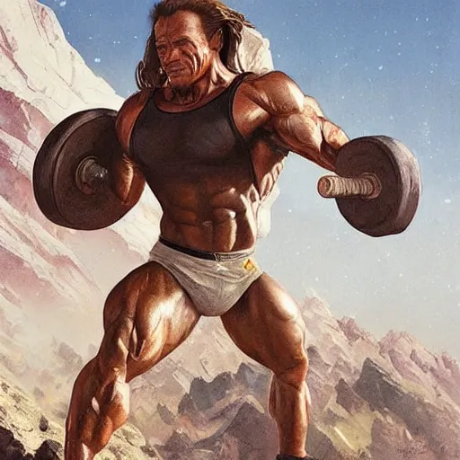 Image similar to arnold schwarzenegger lifting a literal mountain, highly detailed, shallow depth of field, art by artgerm and greg rutkowski