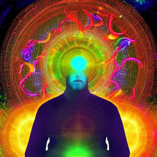 Image similar to a psychedelic cosmic mystic poet in the metaverse, his job is to digitize emotions for new constructions and virtual and artificial creations