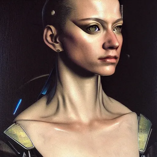 Image similar to portrait of a character from the game cyberpunk 2 0 7 7, ( ( ( art by caravaggio ) ) ), cybernetic implant, award winning, masterpiece, intricate, dramatic light, detailed face, highly detailed, asymmetrical, dark, 1 6 th century