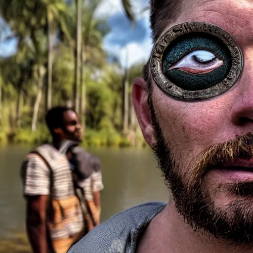 Image similar to man's face with clocks covering his eyes, looking at the camera walking near lake with crocodiles, high detail, soft lighting, intricate, 8 k