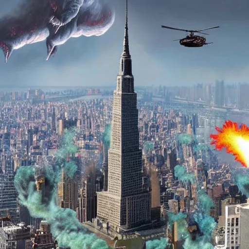 Image similar to kim jongzilla destroying manhattan new york city, kim jong - un, godzilla, destruction, hyper realistic, helicopter photo