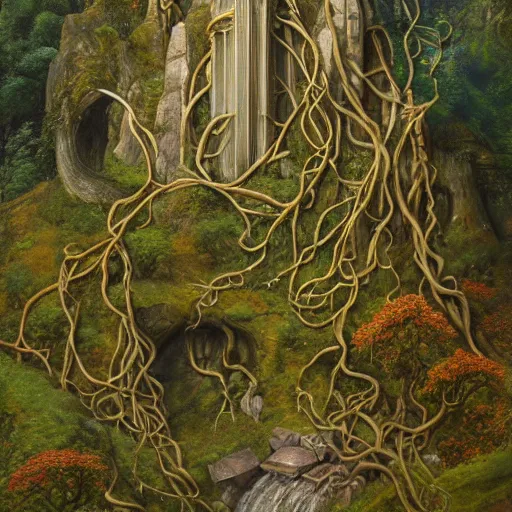 Prompt: a beautiful and highly detailed oil painting of an elven temple in the mountains, beautiful trees, tangled vines, lush plant growth, tall grass, flowers, carved stone runes intricate details, epic scale, insanely complex, rivendell, 8 k, sharp focus, hyper realism, fantasy landscape, psychedelic, by caspar friedrich and brian froud,