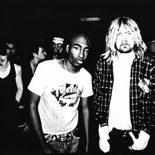 Image similar to Polaroid photograph of very Kurt Cobain and very Tupac Shakur in a club, blurry, XF IQ4, 150MP, 50mm, F1.4, ISO 200, 1/160s, natural light, Adobe Lightroom, photolab, Affinity Photo, PhotoDirector 365,