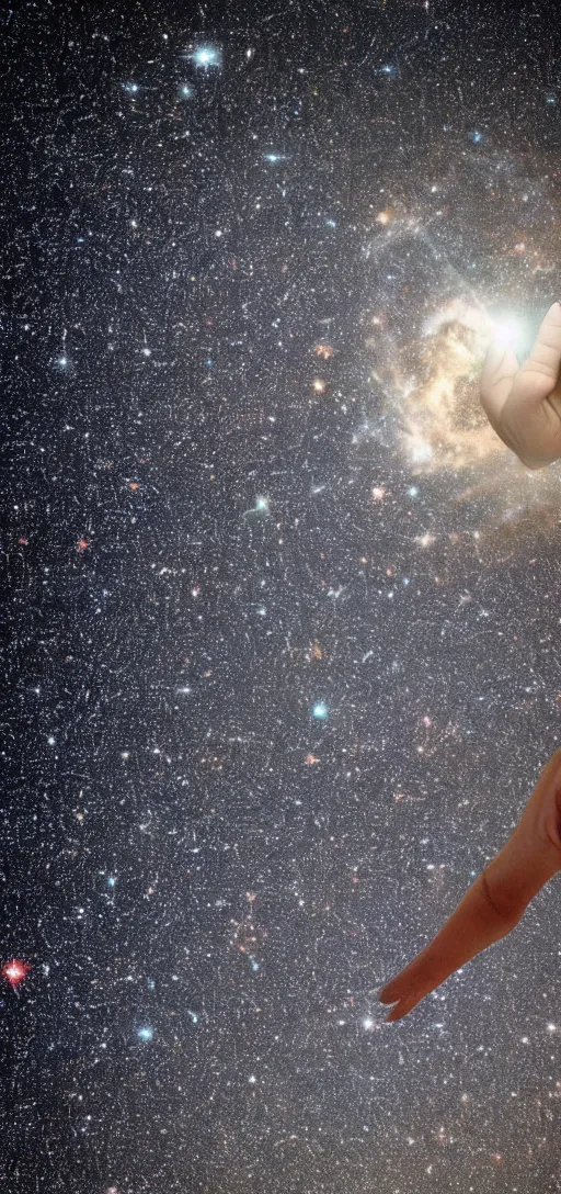 Image similar to a giant human pointing its finger to the universe, star dust, cosmos