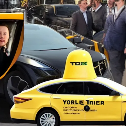 Prompt: golem driving a new york yellow taxi, picking up elon musk at the airport