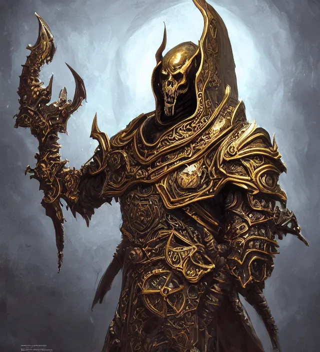 Image similar to Arch Lich Vecna portrait, intricate ornate armor, subject in the middle of the frame, rule of thirds, golden ratio, elegant, digital painting, octane 4k render, zbrush, hyperrealistic, artstation, concept art, smooth, sharp focus, illustration from Warcraft by Ruan Jia and Mandy Jurgens and Artgerm and William-Adolphe Bouguerea