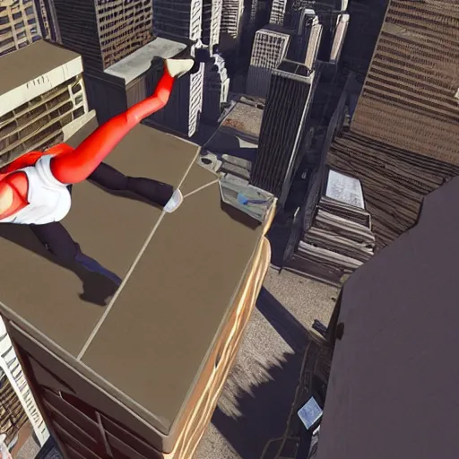 Prompt: parkour delivery service in a cyberpunk setting, city rooftops parkour girl, mirrors edge