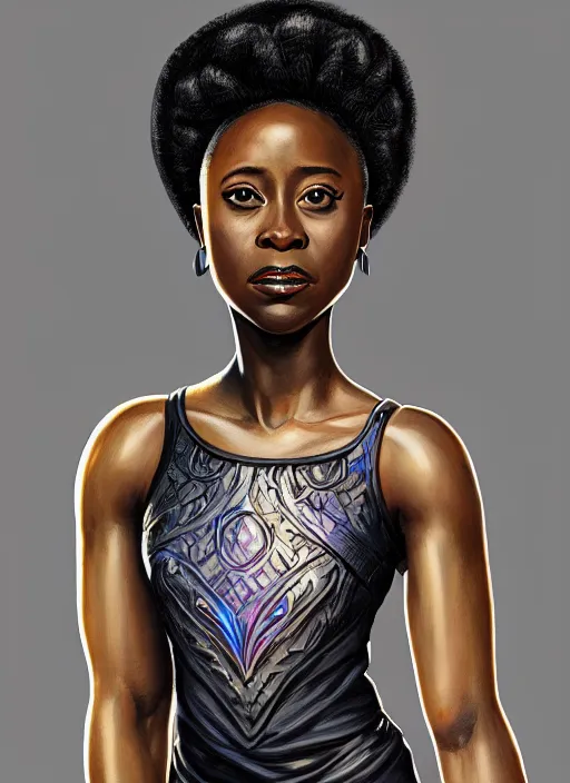 Image similar to 3/4 portrait of Kirby Howell-Baptiste wearing a modern black tank top, art nouveau, D&D, fantasy, elegant, highly detailed, digital painting, artstation, concept art, matte, sharp focus, illustration, art by Artgerm and Greg Rutkowski and WLOP