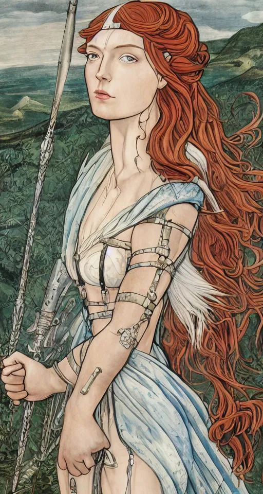 Image similar to boudica the barbarian queen, in a mixed style of Botticelli and Æon Flux, inspired by pre-raphaelite paintings and shoujo manga, a misty moor landscape in the background, hyper detailed, stunning inking lines, flat colors, 4K photorealistic