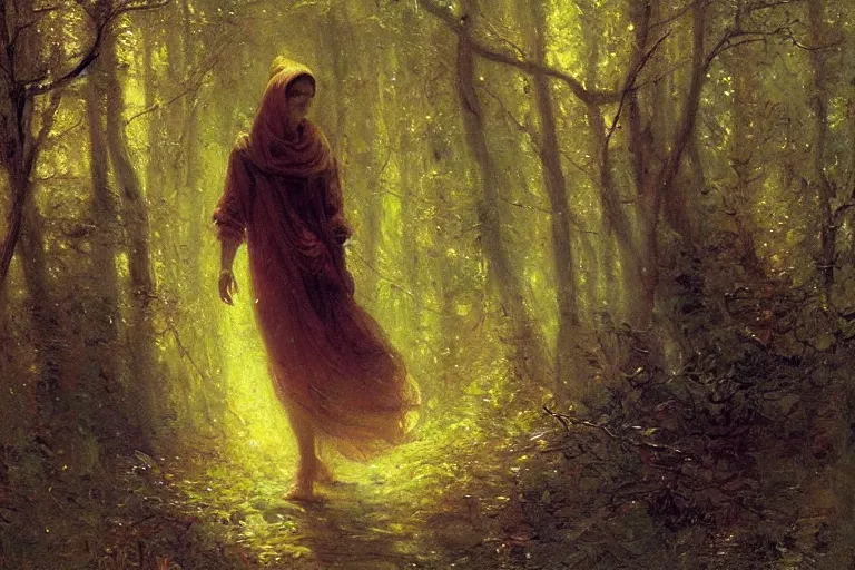 Image similar to illustration of a woman in a yellow hooded sweatshirt walking through a tangled forest in the astral plane. art by gaston bussiere.