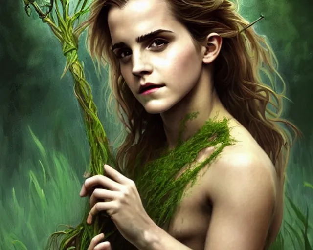 Image similar to mindblowing portrait of emma watson as a swamp witch, green colored skin!!, holding a caduceus staff, messy hair, deep focus, d & d, fantasy, intricate, elegant, highly detailed, digital painting, artstation, concept art, matte, sharp, illustration, hearthstone, art by artgerm and greg rutkowski and alphonse mucha