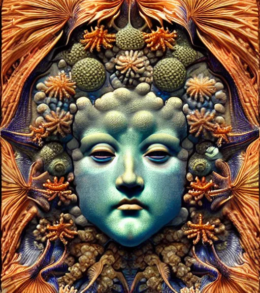 Image similar to hyperrealistic detailed underwater face portrait of the beautiful god of the fish with an intricate headgear of corals, sea kelp, sea plants, fish, starfish, jellyfish, art by ernst haeckel, james jean, john william godward, gothic, neo - gothic, ornamental, beautiful deep colours,