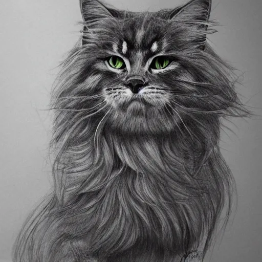 Image similar to long - haired siberian cat, illustration, charcoal, trending, artstation, hyper - detailed, coulson, peter