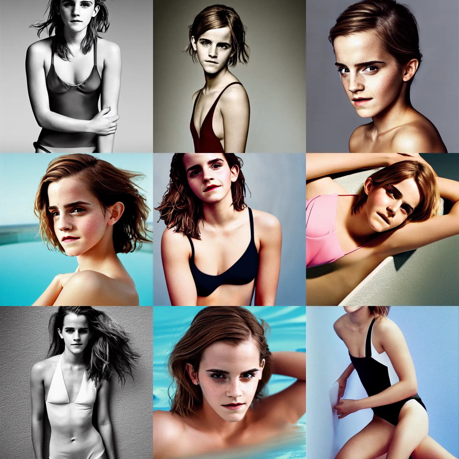 Prompt: Photo of Emma Watson in swimsuit, soft studio lighting, photo taken by Martin Schoeller for Calvin Klein, award-winning photograph, 24mm f/1.4