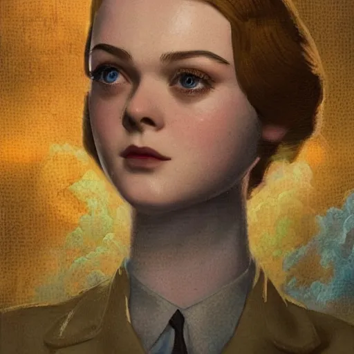 Image similar to professional painting of Elle Fanning in Bioshock Rapture the style of Henri-Edmond Cross, head and shoulders portrait, symmetrical facial features, smooth, sharp focus, illustration, intricate, stormy weather, extremely detailed masterpiece,