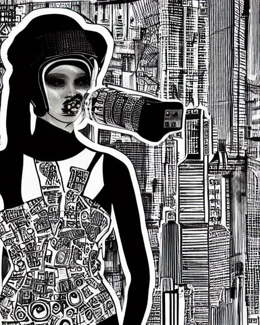 Prompt: cypherpunk fashion illustration, camera face, black and white, city street background with high tall buildings, central park, diane arbus, abstract portrait highly detailed, finely detailed