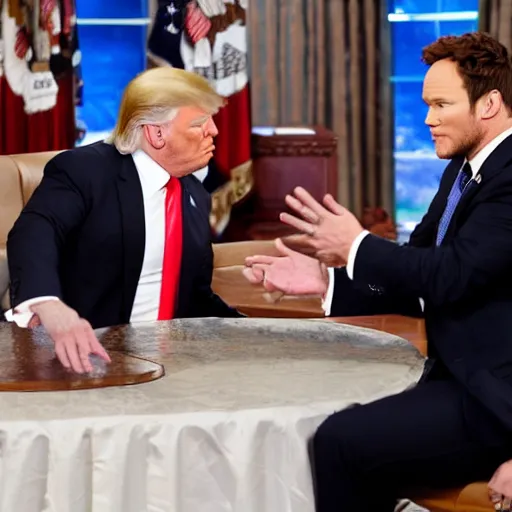 Image similar to donald trump with no shirt feeding chris pratt while slapping his bottom