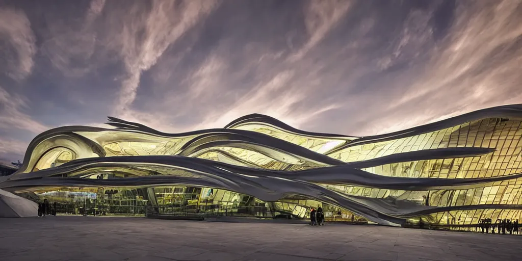 Image similar to extremely detailed stunning sophisticated beautiful elegant futuristic museum exterior by Zaha Hadid, Milan buildings in the background, smooth curvilinear design, stunning volumetric light, stainless steal, concrete, translucent material, beautiful sunset, tail lights