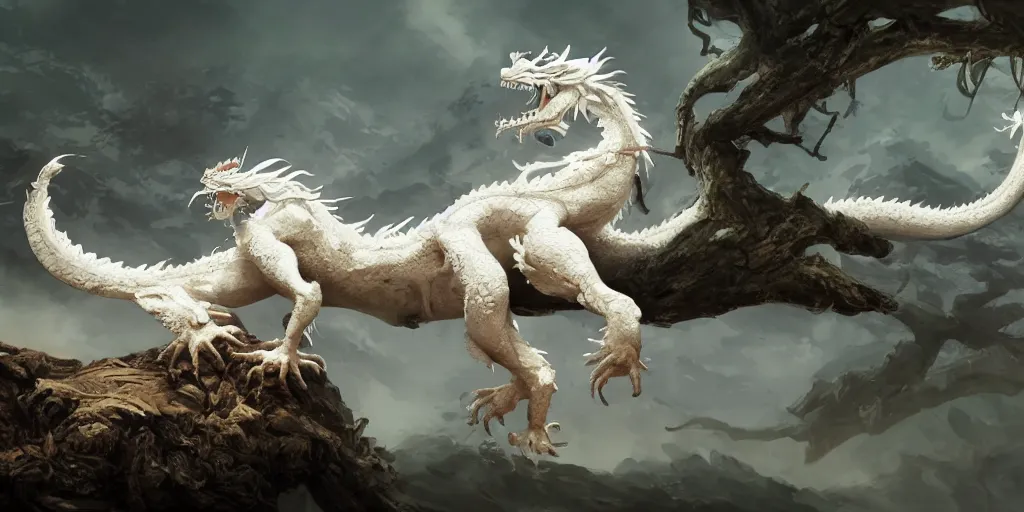 Prompt: single white chinese dragon lie on a old tree, wei guan, 4 k, matte paint, concept art, sharp detail, artstation