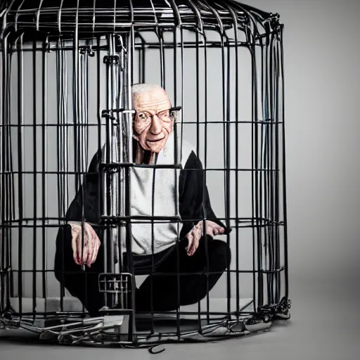 Image similar to incredibly detailed high quality studio portrait of an elderly alien being sitting in a cage in a warehouse