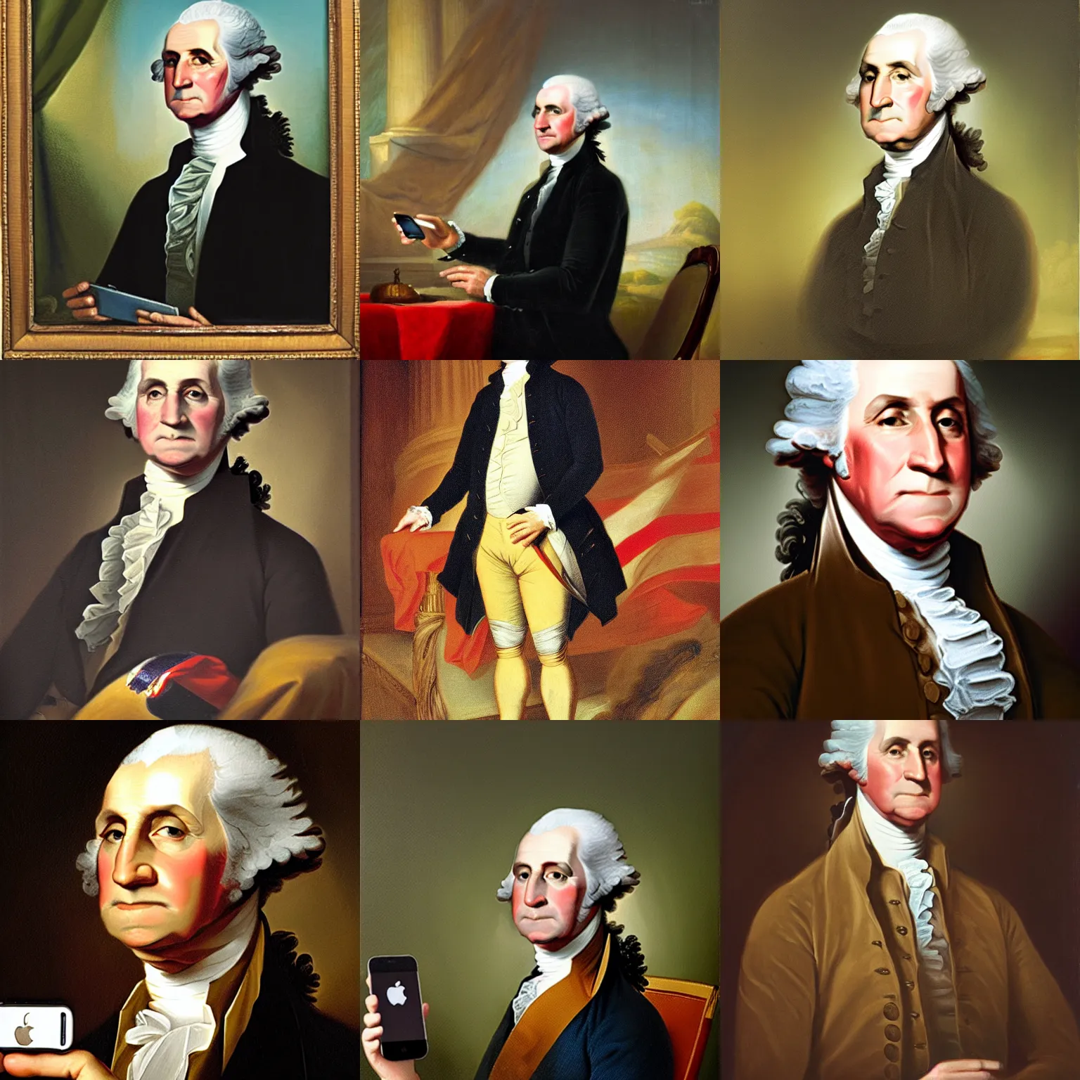 Prompt: portrait painting of George Washington distracted by his iPhone