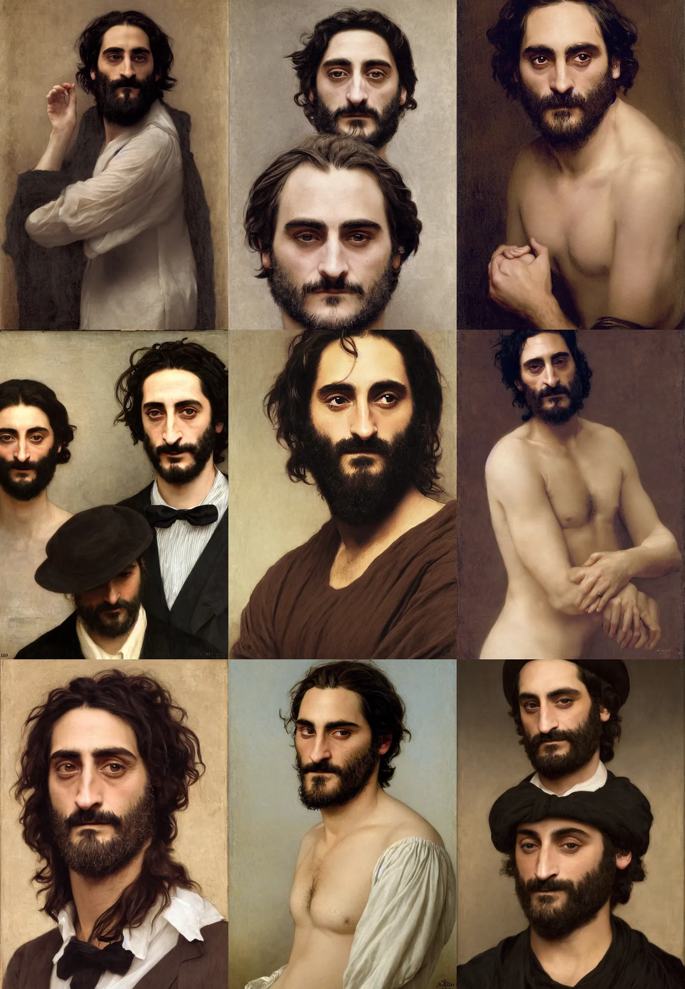 Prompt: portrait of joaquin phoenix mix with adrien brody by william bouguereau