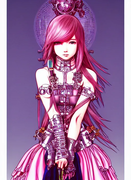 Image similar to final fantasy highly detailed terada katsuya artgerm artstation minaba hideo manga poster of princess mechine, long hair, armor, dress, laces, ruffles, 8 k, fluorescent, maximalist, jump comics, tomer hanuka