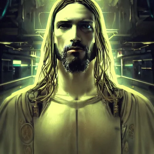 Image similar to Cyberpunk jesus christ, dark atmosphere, cinematic shot, intricate, ornate, photorealistic, ultra detailed, realistic, 35mm, photography, neon, octane, high definition, depth of field, bokeh, 8k, artstation, ((alphonse mucha)), (hr giger)