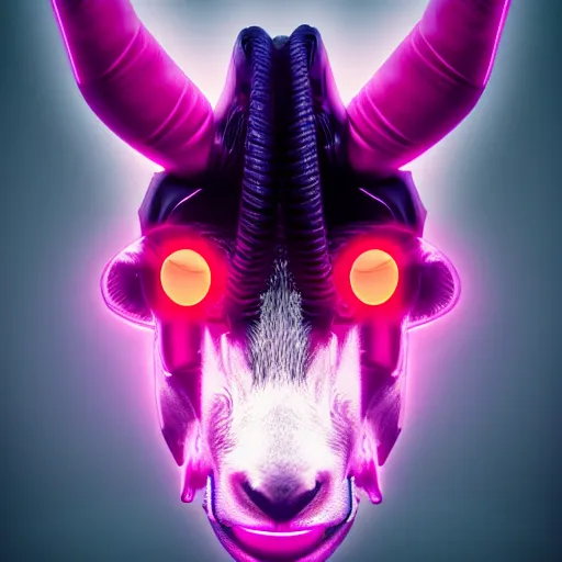 Image similar to synthwave demonic goat face with neon horns, detailed face, sharp focus, synthwave art, aesthetic, octane render, raw, cinematic, chromatic material