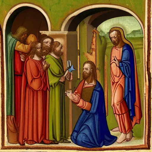 Prompt: Medieval painting of Jesus giving people an Ipod. High resolution. Highly detailed. Art station. 8k