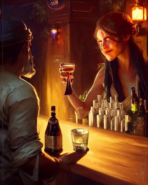 Prompt: orc bartender serving drinks | | realistic shaded, fine details, fine - face, pretty face, realistic shaded lighting poster by greg rutkowski, magali villeneuve, artgerm, jeremy lipkin and michael garmash and rob rey