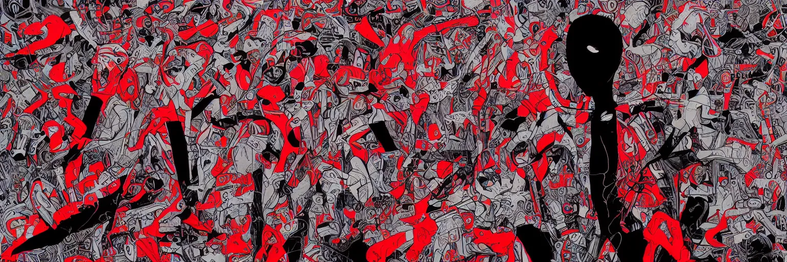 Image similar to paranoia man black and red colors radiohead, illustrator art by james jean