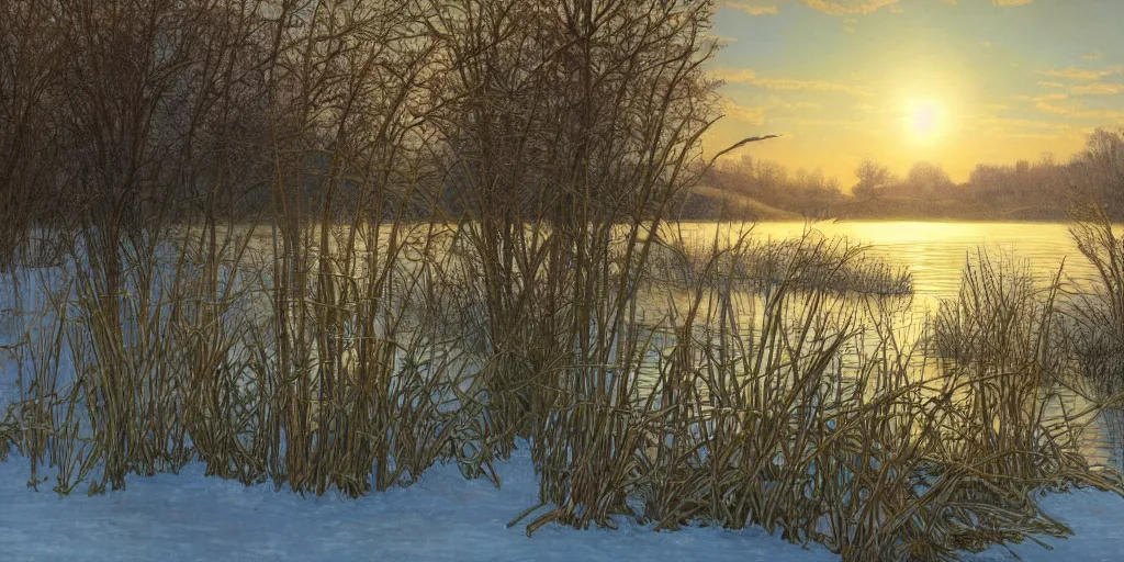 Prompt: a beautiful lake landscape in winter, romantic ambiente, no people, tall grown reed on riverbank, no mountains, clear sky, sunshine, winter colors, by Mohrbacher and Moebius and Alphonse Mucha and Roger Deakins, cinematic lighting, masterpiece, highly detailed, 8k resolution, trending on art station