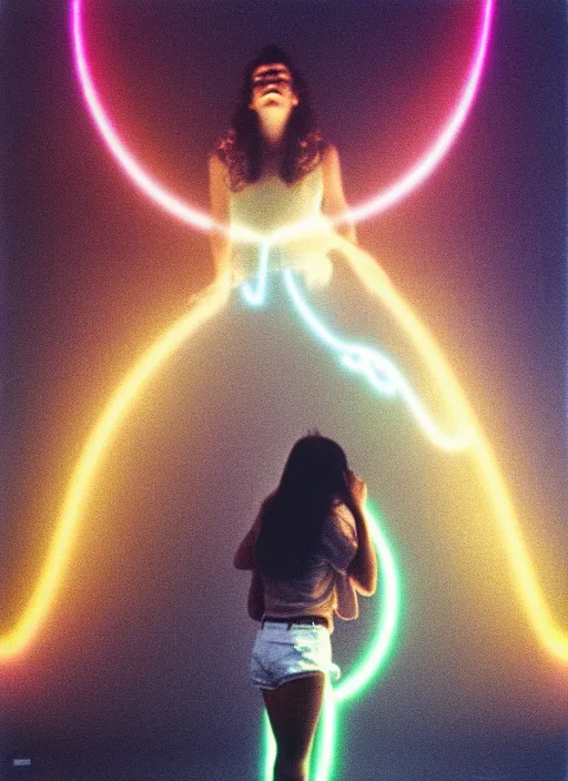 Image similar to realistic photo portrait of a a girl dressed in white shorts, watching at glowing disks flying in a grey sky, covered with tesla electricity, 1 9 9 0, life magazine photo, natural colors, museum collection, kodak