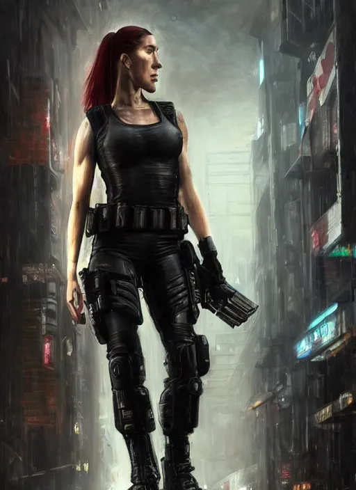 Image similar to sonya blade. cyberpunk police trooper in a military vest ( blade runner 2 0 4 9, cyberpunk 2 0 7 7 ). orientalist portrait by john william waterhouse and james gurney and theodore ralli and nasreddine dinet, oil on canvas. cinematic, hyper realism, realistic proportions, dramatic lighting, high detail 4 k