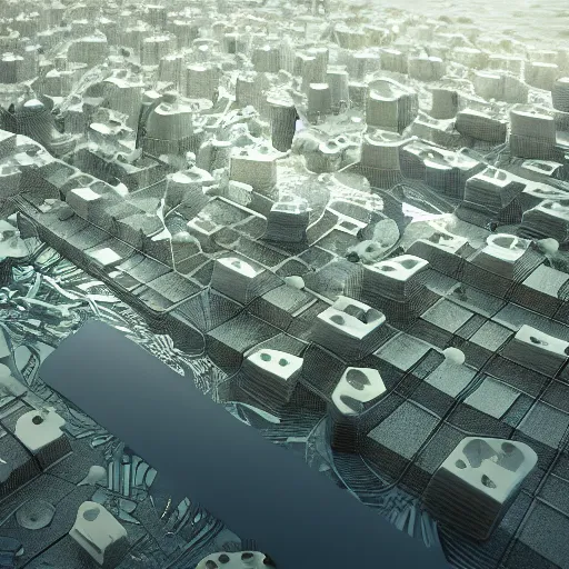 Image similar to imaginary cities designed by tadao ando, parametric, algorithmic, swarm, ecology, hyperrealistic, octane render, artstation.