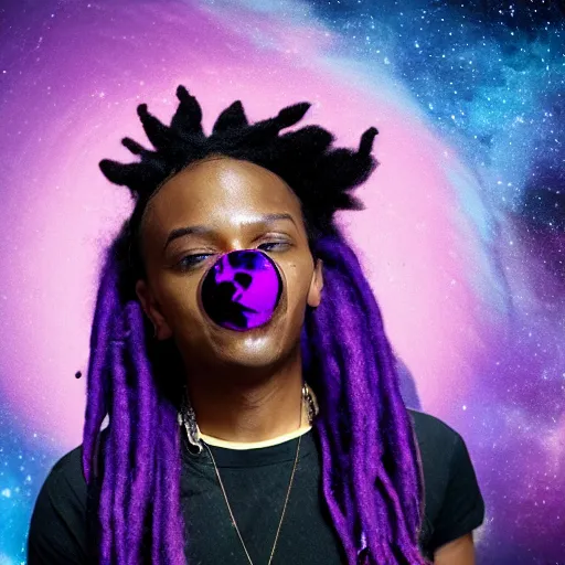 Prompt: black nonbinary person with purple dreads in space