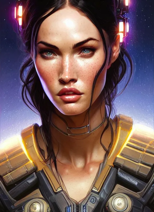 Image similar to portrait of apex legends megan fox, intricate, elegant, glowing lights, highly detailed, digital painting, artstation, glamor pose, concept art, smooth, sharp focus, illustration, art by artgerm and greg rutkowski, artey freytag