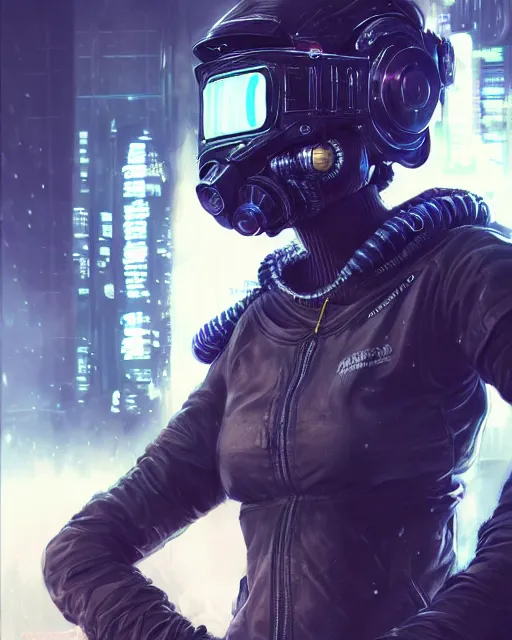 Image similar to girl wearing cyberpunk intricate streetwear riding dirt bike, respirator, detailed portrait, cell shaded, 4 k, concept art, by wlop, ilya kuvshinov, artgerm, krenz cushart, greg rutkowski, pixiv. cinematic dramatic atmosphere, sharp focus, volumetric lighting, cinematic lighting, studio quality