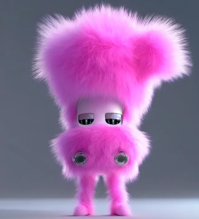 Image similar to high quality 3 d render hyperrealistic very cute small pink robot, plush mascot, short spiky dense fluffy smooth hair, photo from the side, pink fluffy fur, 1 5 0 mm, beautiful natural soft light, rim light, smooth background, artstation, ultra detailed, elegant, ultra detailed, metallic armor, octane render