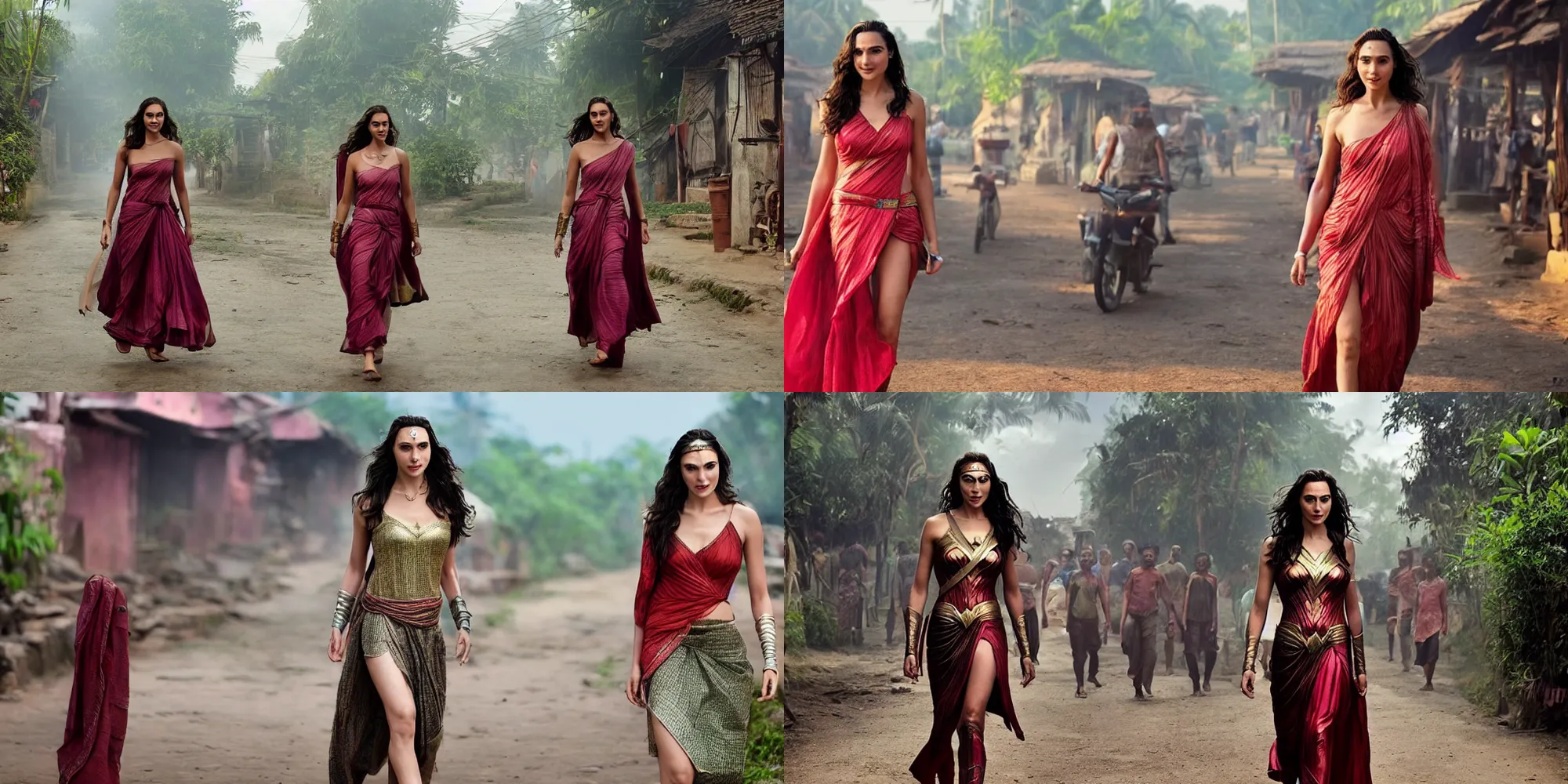 Prompt: gal gadot walking in the steets of a kerala village wearing a designer dress, cinematic, volumetric lighting, hdr