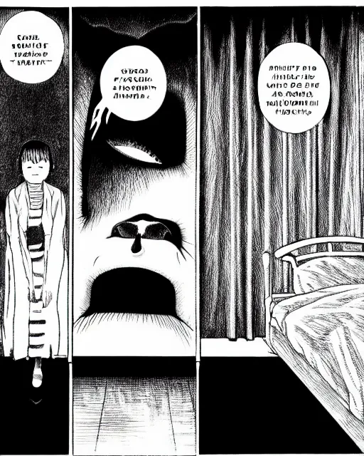 Prompt: three panels of junji ito's 'there's a large black shadowy cat under my bed!', full width, zoomed out, room shot, first person